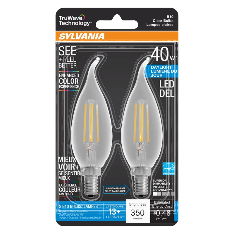 SYLVANIA LED TruWave Décor B10 Light Bulb, 40W = 4W, Dimmable, Candelabra Base, Clear 5000K, Daylight - 2 Pk