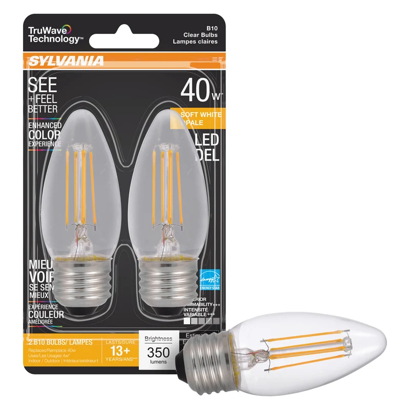 SYLVANIA LED TruWave Candelabra Light Bulb, 60W = 5.5W, Dimmable, Medium Base, Clear, Blunt Tip, Soft White - 2 PK