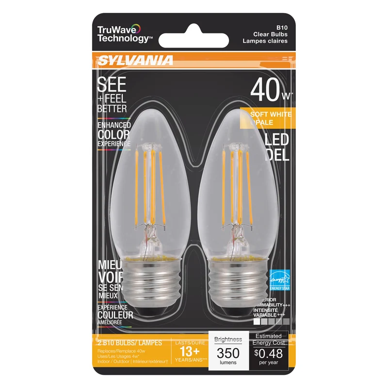 SYLVANIA LED TruWave Candelabra Light Bulb, 60W = 5.5W, Dimmable, Medium Base, Clear, Blunt Tip, Soft White - 2 PK