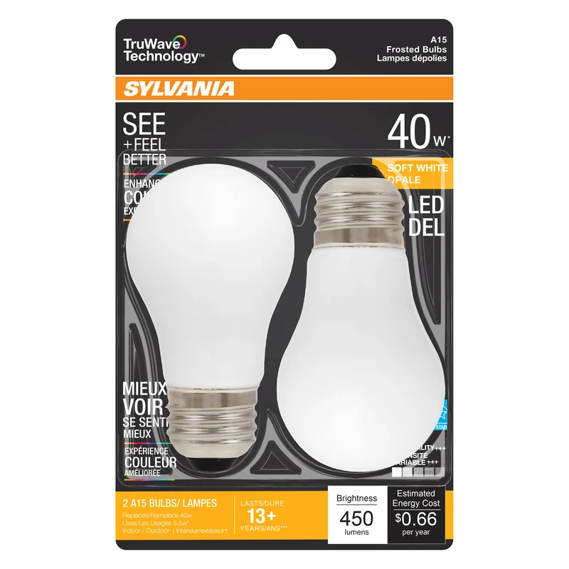SYLVANIA LED TruWave Ceiling Fixture Light Bulb, 40W, A15, Medium Base, Dimmable, Soft White - 2 Pk