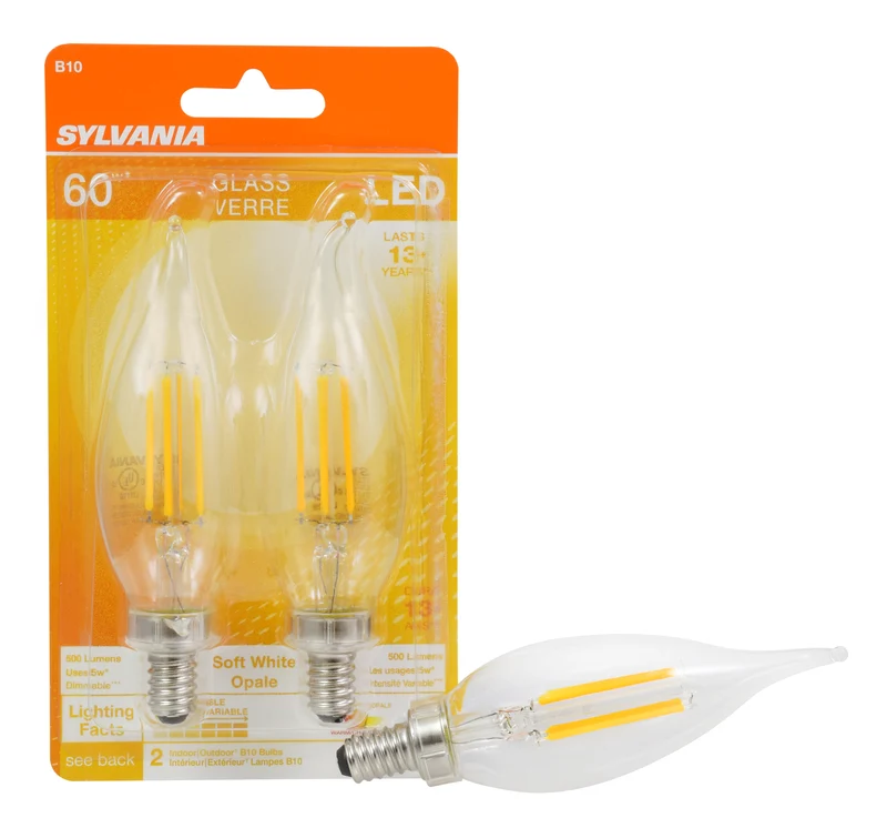 SYLVANIA B10 LED Light Bulb, 60W = 5W, 2700K, 13 Year, Candelabra Base, Soft White - 2 Pk