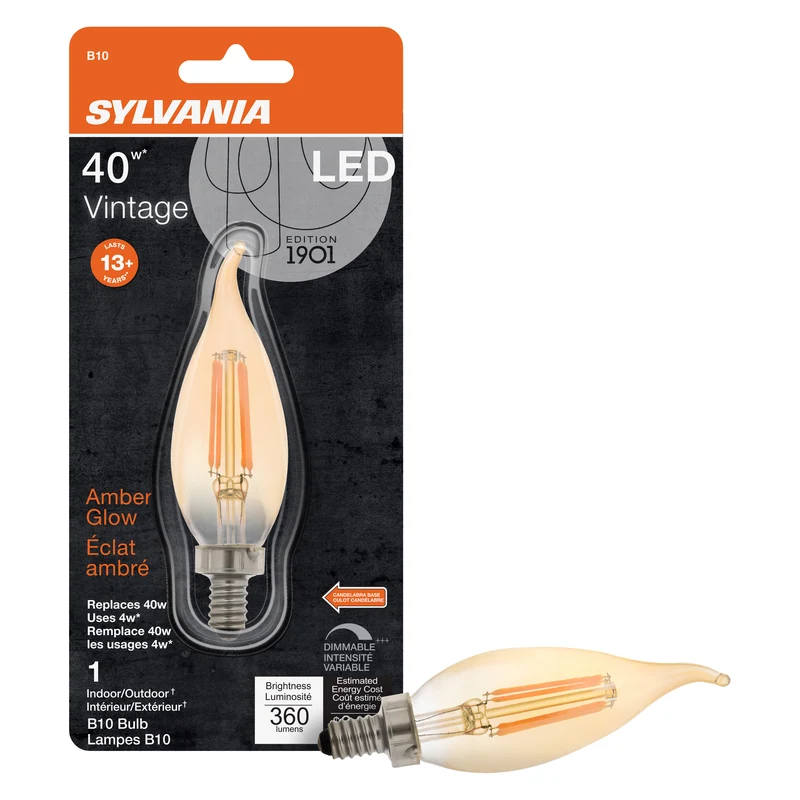 SYLVANIA LED Vintage B10 Light Bulb, 40W, 2175K, Candelabra Base, Dimmable, Amber Glow