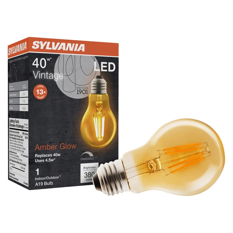 SYLVANIA LED Vintage Filament A19 Light Bulb, 40W / 60W, 13 Year, 2175K, Dimmable, Amber Glow