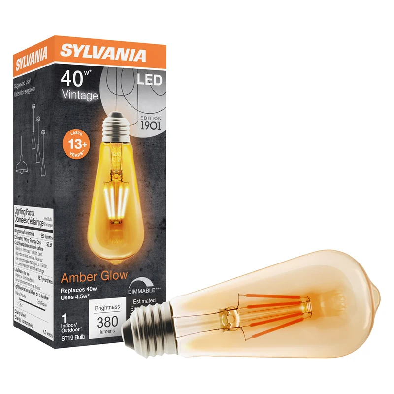 SYLVANIA Vintage ST19 LED Light Bulb, 40W / 60W, 2175K, Dimmable, Amber Finish