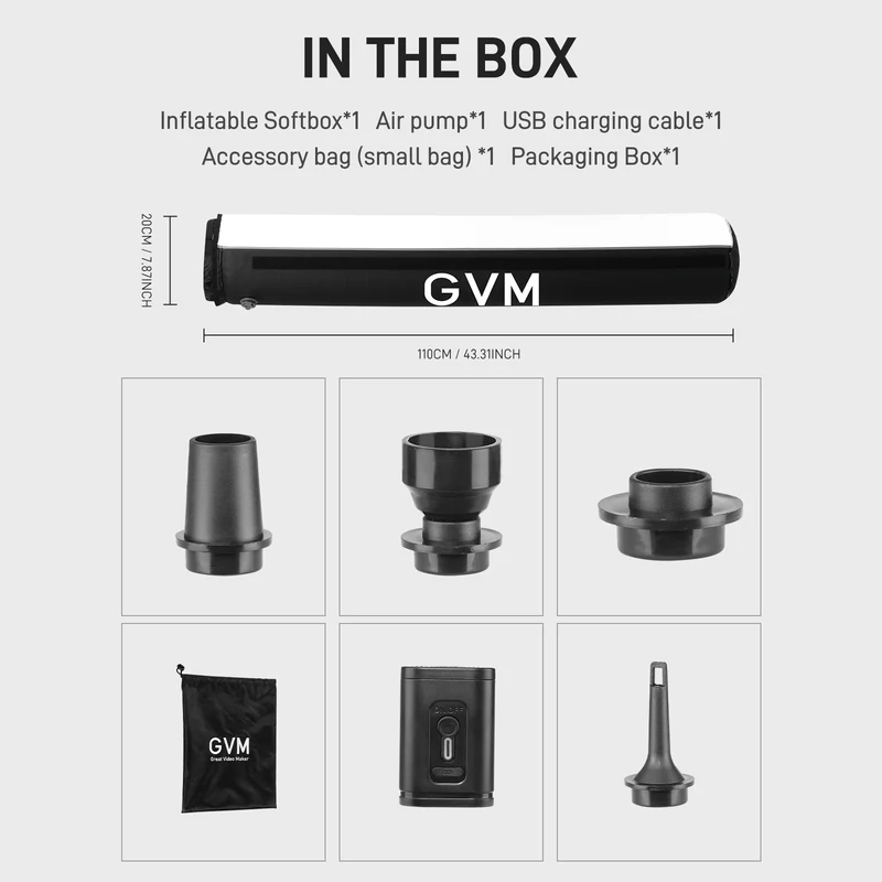 GVM 43"/110cm Inflatable Foldable Air Softbox, Portable Terete Shape Soft Box, Compatible with GVM 200B/ 300B/ 500B /650B and Other Bowens Mount Light for Recording, Portraits
