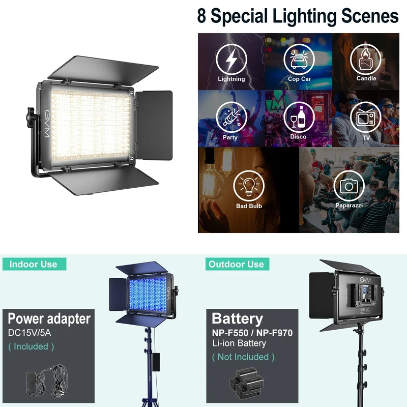 (Open Box) GVM-1500D 75W Powerful Bi-color and RGB Video Panel Light（2-Light-kit)