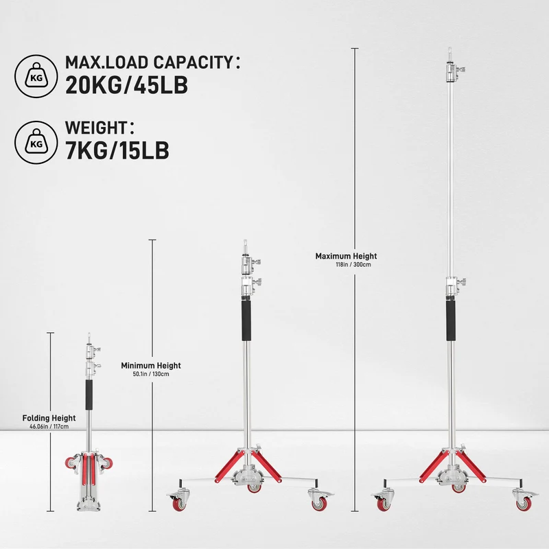 GVM DL300 Professional Rolling Light Stand - Stainless Steel & Aluminum Alloy with Locking Casters for Studio/Outdoor Photography/Videography(118‘’)