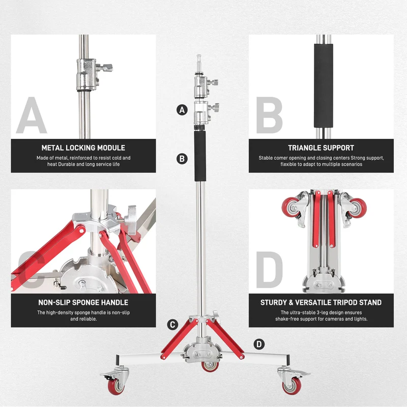 GVM DL300 Professional Rolling Light Stand - Stainless Steel & Aluminum Alloy with Locking Casters for Studio/Outdoor Photography/Videography(118‘’)