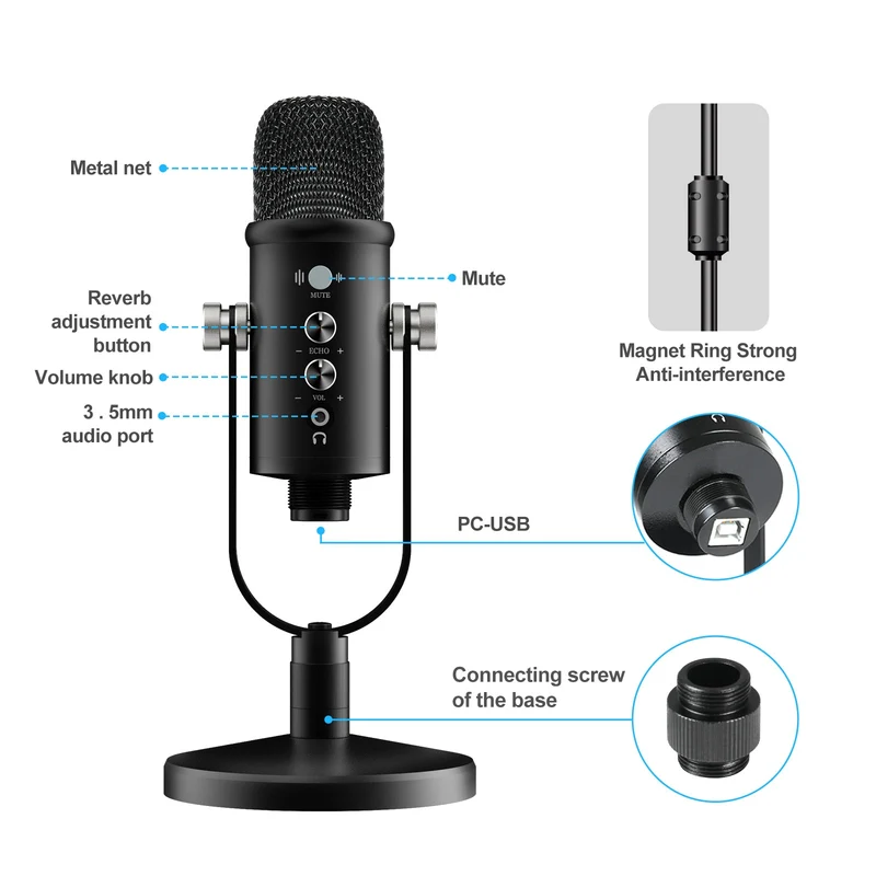 KKX Professional USB Recording Condenser Microphone Cardioid Microphone Kit