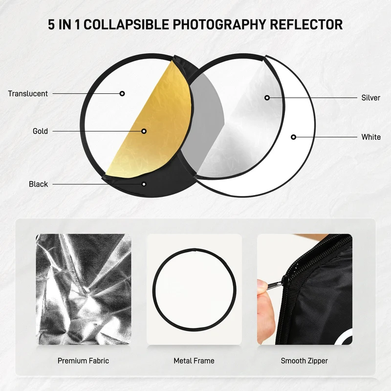 GVM 24 Inch/60cm Photography Reflector, 5 in 1 Reflector Photography Collapsible - Silver, Gold, White, Black, Translucent, Portable Light Reflector with Carry Bag for Outdoor Photography