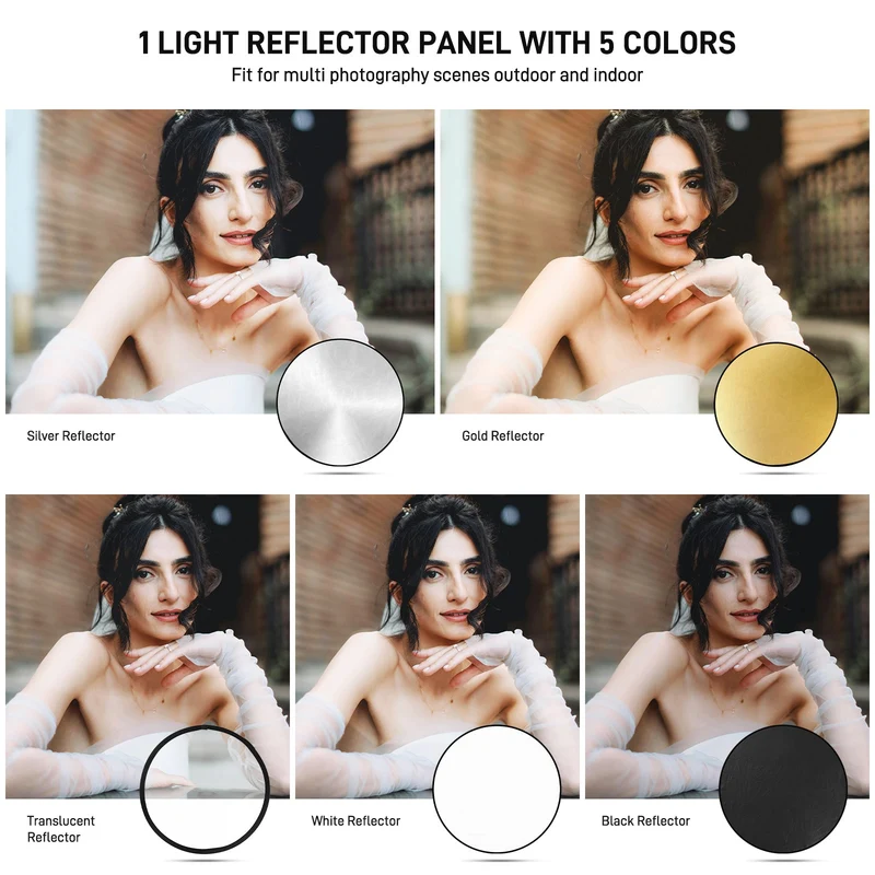 GVM 24 Inch/60cm Photography Reflector, 5 in 1 Reflector Photography Collapsible - Silver, Gold, White, Black, Translucent, Portable Light Reflector with Carry Bag for Outdoor Photography