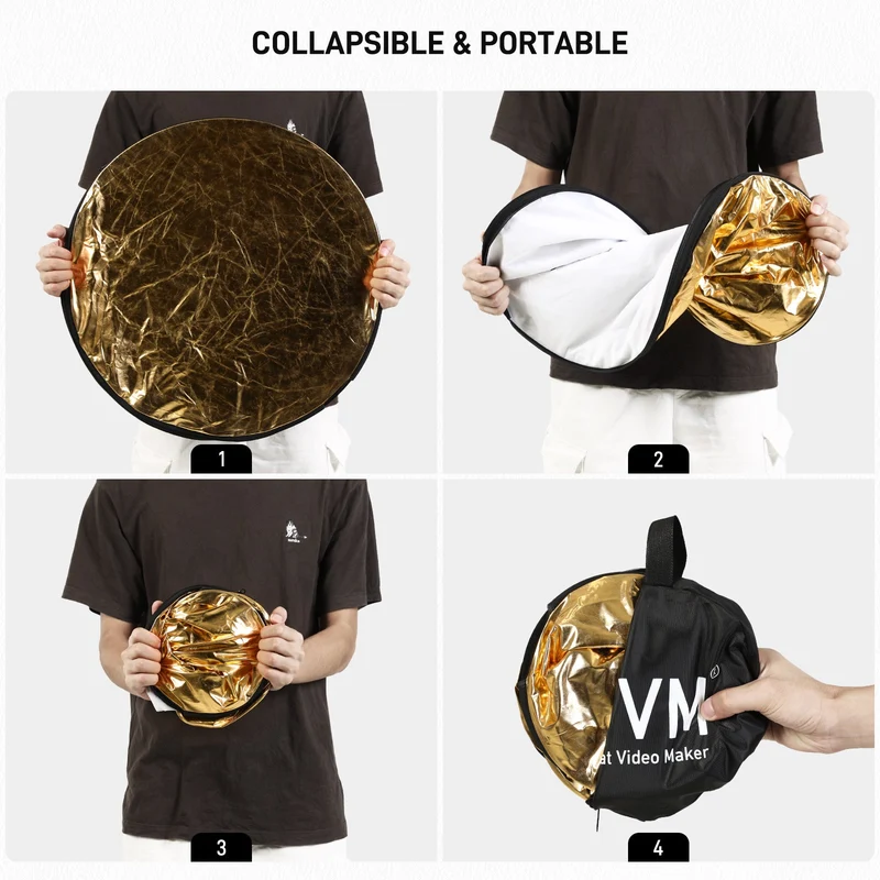 GVM 24 Inch/60cm Photography Reflector, 5 in 1 Reflector Photography Collapsible - Silver, Gold, White, Black, Translucent, Portable Light Reflector with Carry Bag for Outdoor Photography
