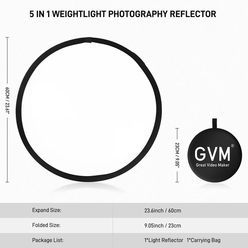 GVM 24 Inch/60cm Photography Reflector, 5 in 1 Reflector Photography Collapsible - Silver, Gold, White, Black, Translucent, Portable Light Reflector with Carry Bag for Outdoor Photography