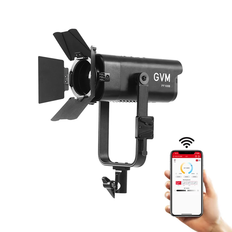 GVM 100W LED Video Light Focusing, Photography Lighting Kit Floodlight with Adjustable 15-45° Beam,30200lux@1m/2700K-6800K Continuous Lighting with Barn Doors for Product/Portrait/Video Recording