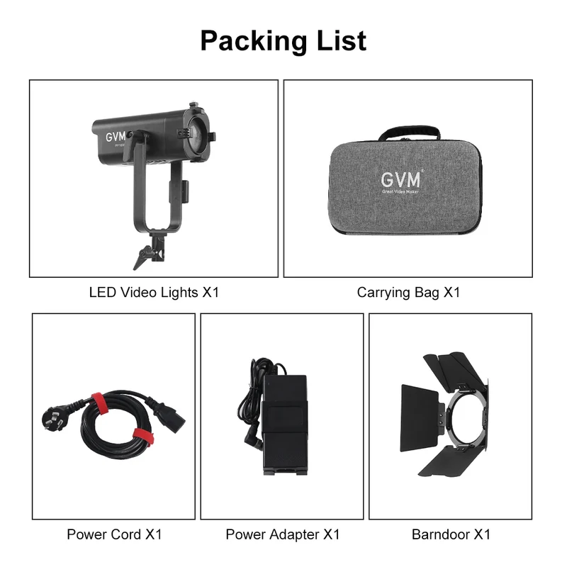 GVM 100W LED Video Light Focusing, Photography Lighting Kit Floodlight with Adjustable 15-45° Beam,30200lux@1m/2700K-6800K Continuous Lighting with Barn Doors for Product/Portrait/Video Recording