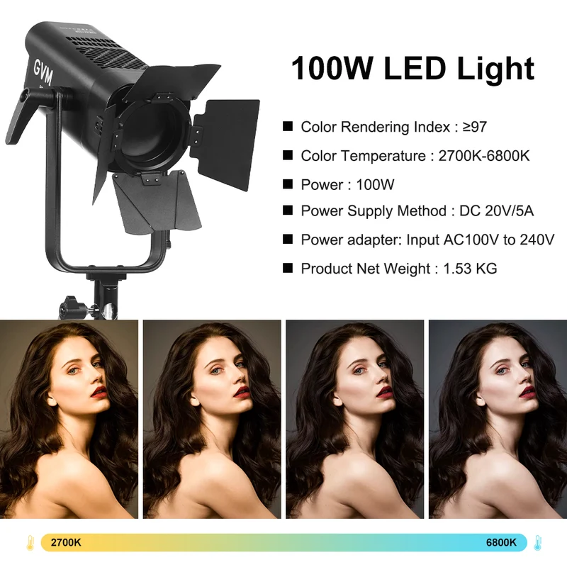 GVM 100W LED Video Light Focusing, Photography Lighting Kit Floodlight with Adjustable 15-45° Beam,30200lux@1m/2700K-6800K Continuous Lighting with Barn Doors for Product/Portrait/Video Recording