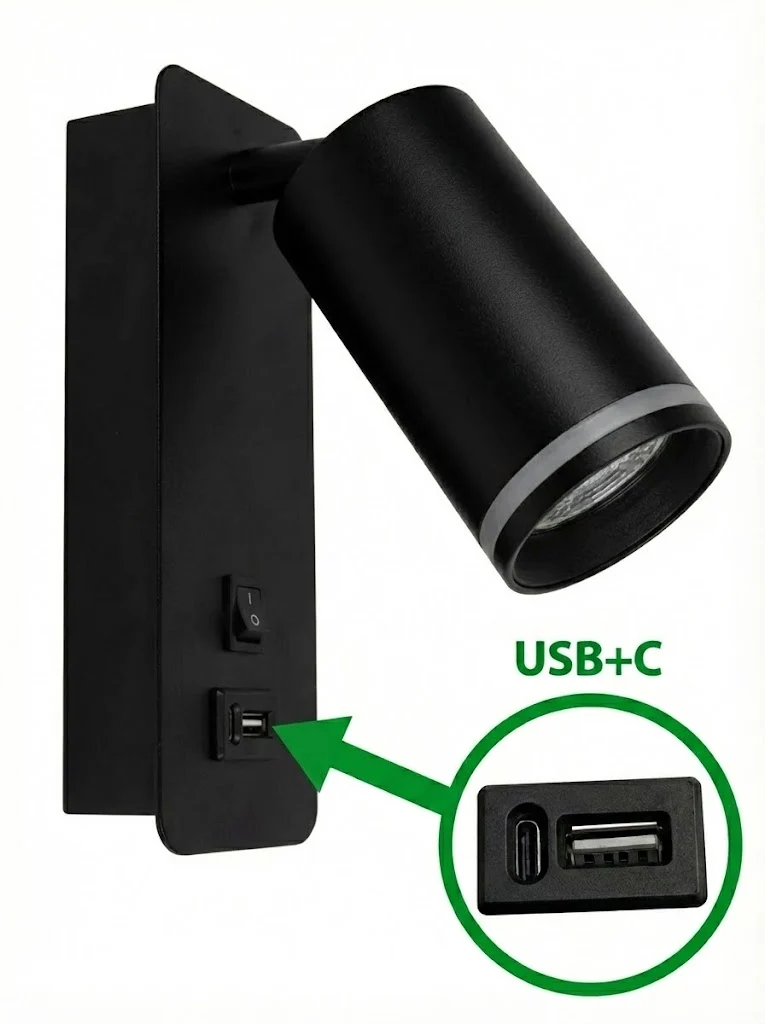 LED-Wandleuchte - Nachttischleuchte mit USB-C-Anschluss | GU10-Fassung | Schwarz