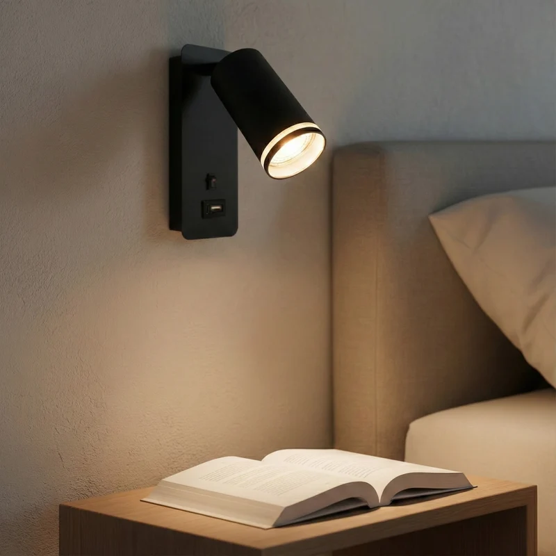 LED-Wandleuchte - Nachttischleuchte mit USB-C-Anschluss | GU10-Fassung | Schwarz