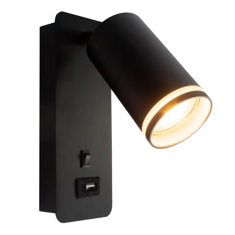 LED-Wandleuchte - Nachttischleuchte mit USB-C-Anschluss | GU10-Fassung | Schwarz