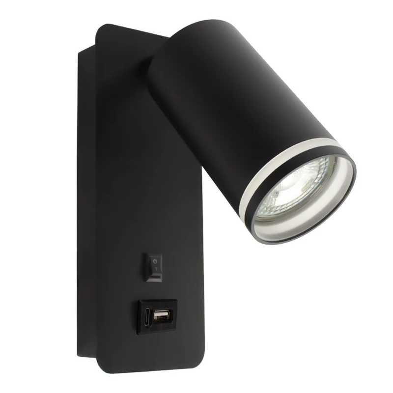 LED-Wandleuchte - Nachttischleuchte mit USB-C-Anschluss | GU10-Fassung | Schwarz