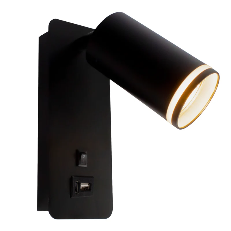 LED-Wandleuchte - Nachttischleuchte mit USB-C-Anschluss | GU10-Fassung | Schwarz