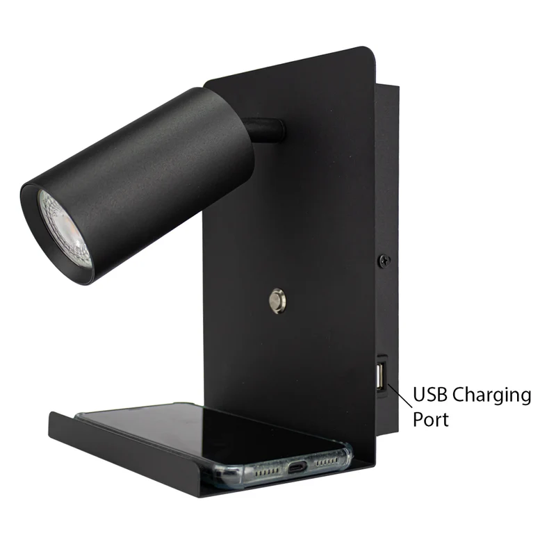 LED Wandleuchte - Nachttischleuchte mit Plateau | inkl. USB | Schwarz | GU10-Fassung