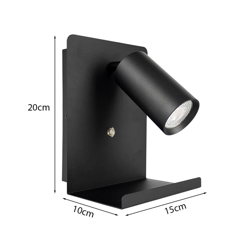 LED Wandleuchte - Nachttischleuchte mit Plateau | inkl. USB | Schwarz | GU10-Fassung