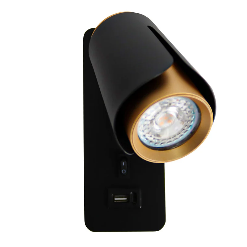 Nachttischlampe Schwarz/Gold | Tulpe | USB+C-Ladeanschluss | GU10-Fassung
