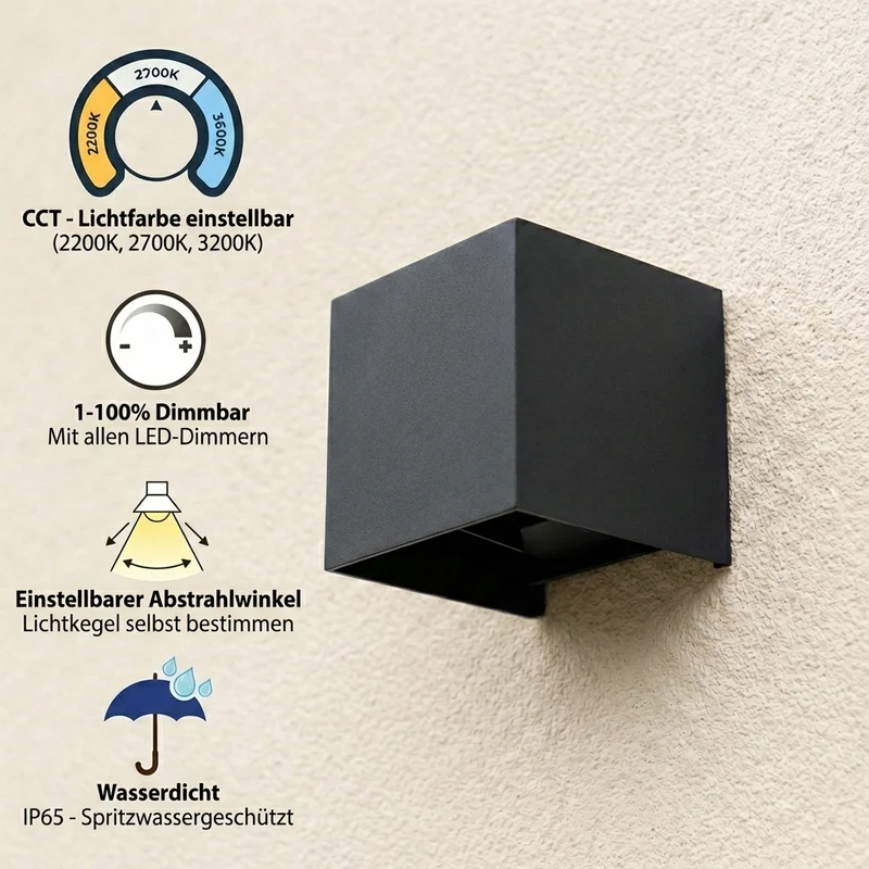 LED-Wandleuchte | Würfel | Innen/außen | DIMMBAR | Schwarz | Lichtfarbe einstellbar | Inkl. Leuchtmittel | 6W