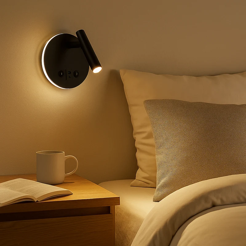 LED Wandleuchte - Nachttischlampe mit USB+C Anschluss und Schalter | Schwarz | 8W | 704 Lumen | Nicht dimmbar