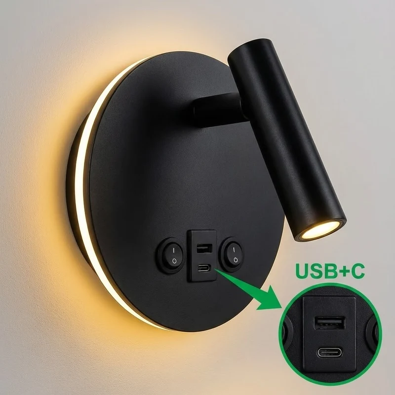 LED Wandleuchte - Nachttischlampe mit USB+C Anschluss und Schalter | Schwarz | 8W | 704 Lumen | Nicht dimmbar