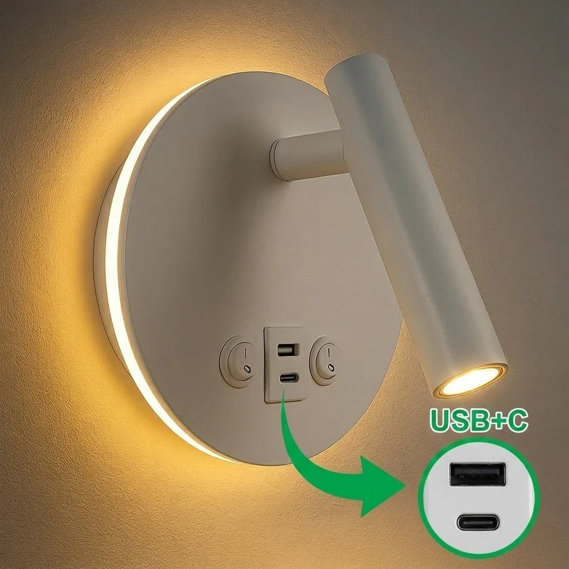 LED Wandleuchte - Nachttischlampe mit USB+C Anschluss und Schalter | Weiß | 8W | 704 Lumen | Nicht dimmbar
