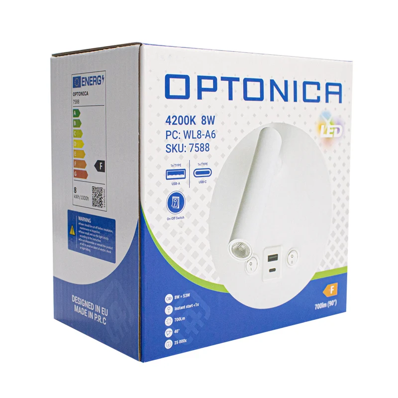 LED Wandleuchte - Nachttischlampe mit USB+C Anschluss und Schalter | Weiß | 8W | 704 Lumen | Nicht dimmbar