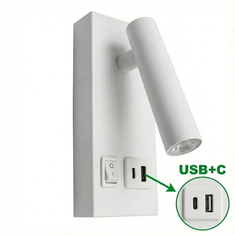 LED Wandleuchte - Nachttischlampe mit USB+C Anschluss und Schalter | Weiß | 2W | 140 Lumen | Nicht dimmbar