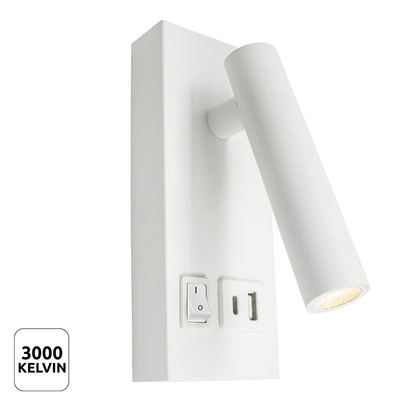 LED Wandleuchte - Nachttischlampe mit USB+C Anschluss und Schalter | Weiß | 2W | 140 Lumen | Nicht dimmbar