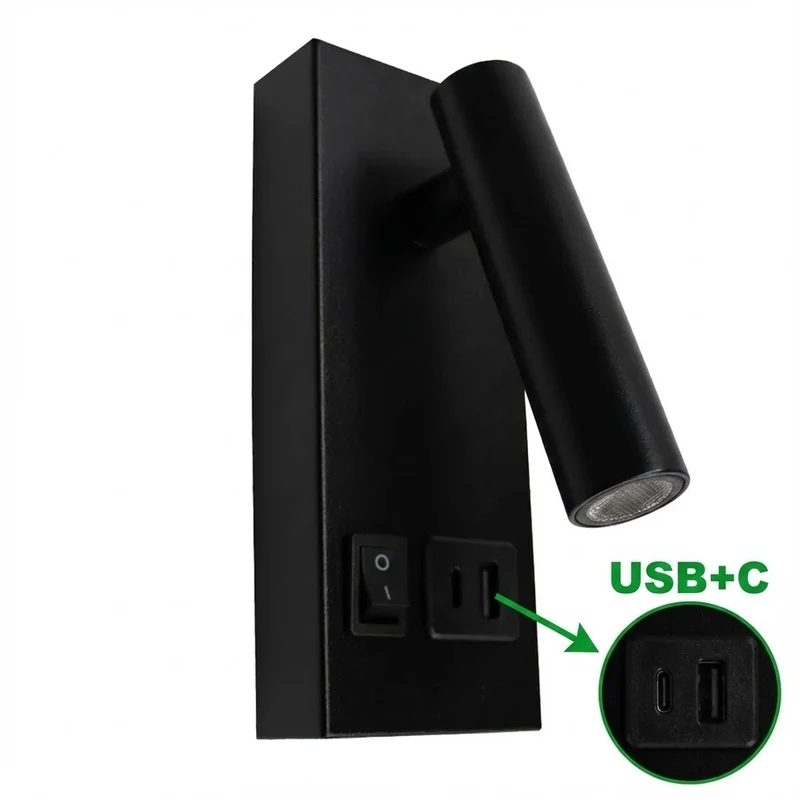 LED Wandleuchte - Nachttischlampe mit USB+C Anschluss und Schalter | Schwarz | 2W | 140 Lumen | Nicht dimmbar