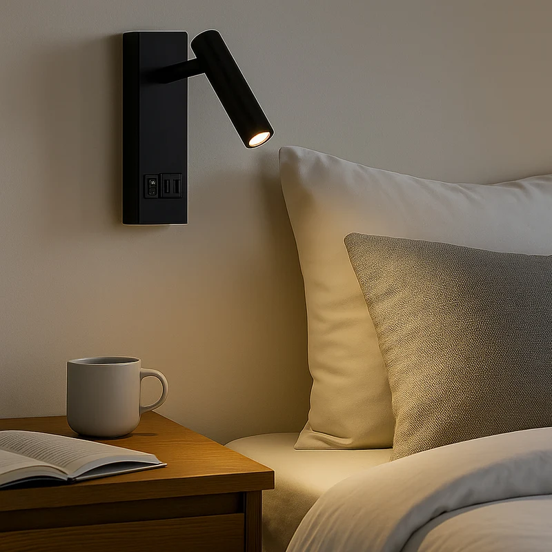 LED Wandleuchte - Nachttischlampe mit USB+C Anschluss und Schalter | Schwarz | 2W | 140 Lumen | Nicht dimmbar