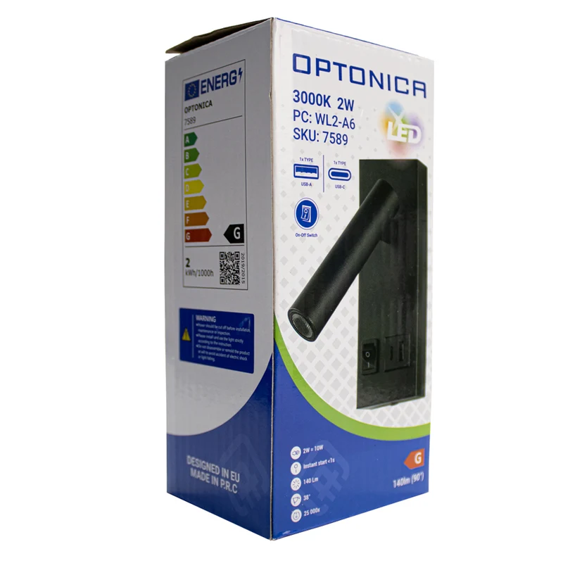 LED Wandleuchte - Nachttischlampe mit USB+C Anschluss und Schalter | Schwarz | 2W | 140 Lumen | Nicht dimmbar