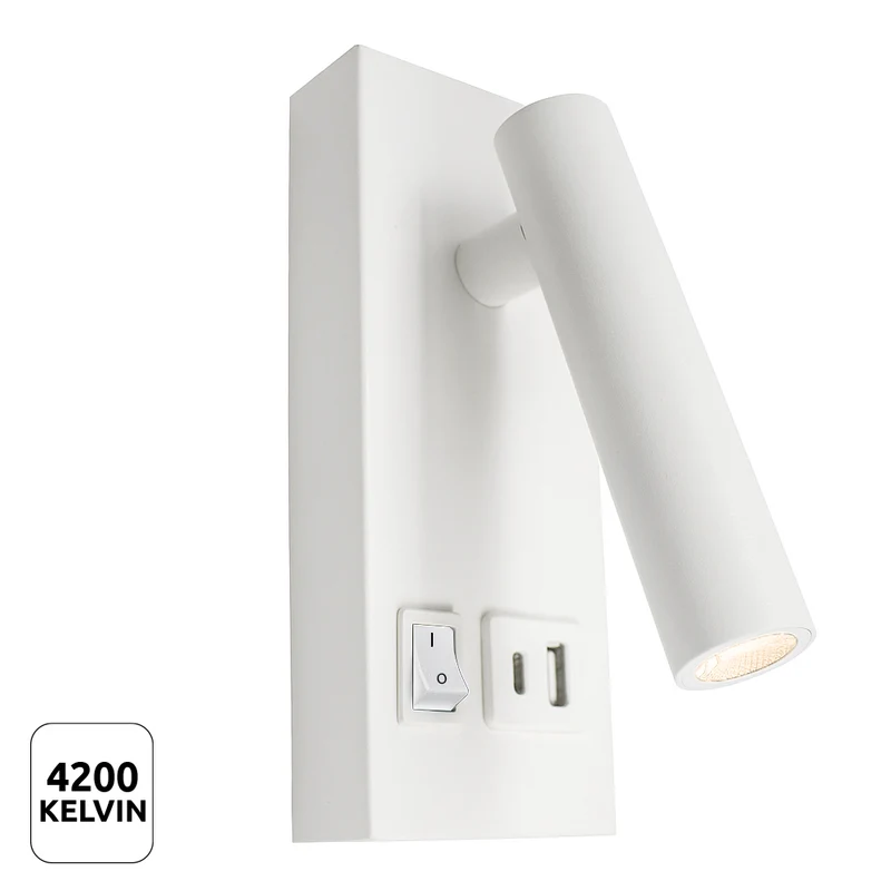 LED Wandleuchte - Nachttischlampe mit USB+C Anschluss und Schalter | Weiß | 2W | 140 Lumen | Nicht dimmbar