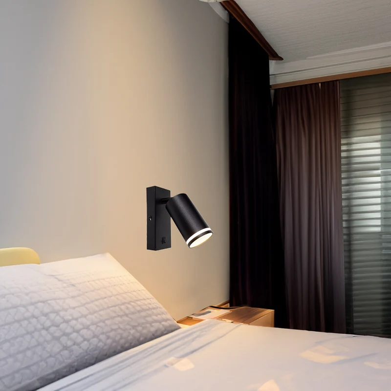 LED-Wandleuchte – Nachttischlampe mit Schalter | Schwarz mit weißem Ring | GU10-Fassung