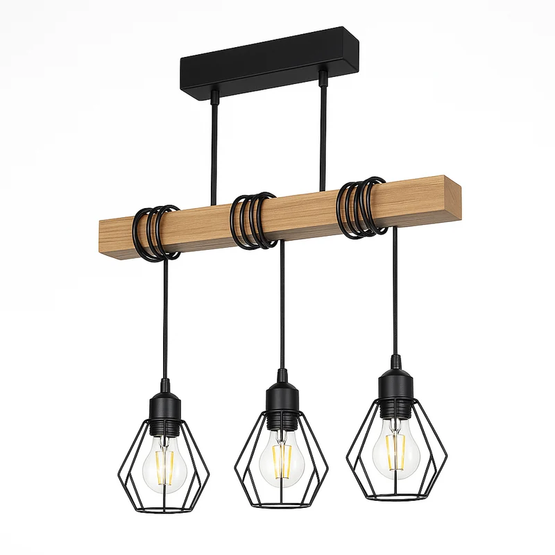 Hängelampe Holz und Industrie | 50CM | 3 x E27-Fassung | Schwarz