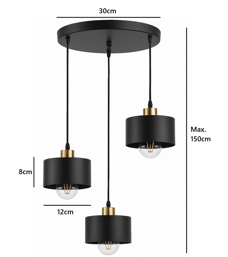 Hängelampe 3-fach Schwarz/Gold | Metall | 3x E27 Fassung | Ø30cm