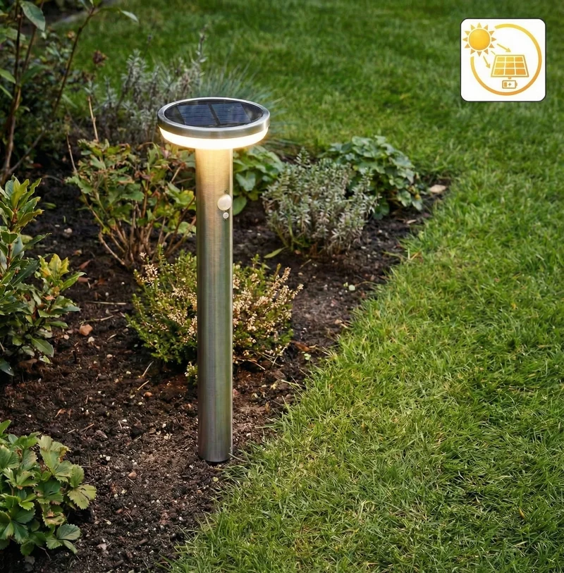 Solar-LED-Standleuchte für den Außenbereich mit Sensor | Spieß | rund | 4,4W | 3000K – Warmweiß