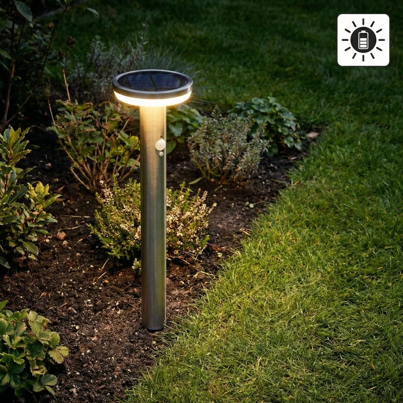 Solar-LED-Standleuchte für den Außenbereich mit Sensor | Spieß | rund | 4,4W | 3000K – Warmweiß