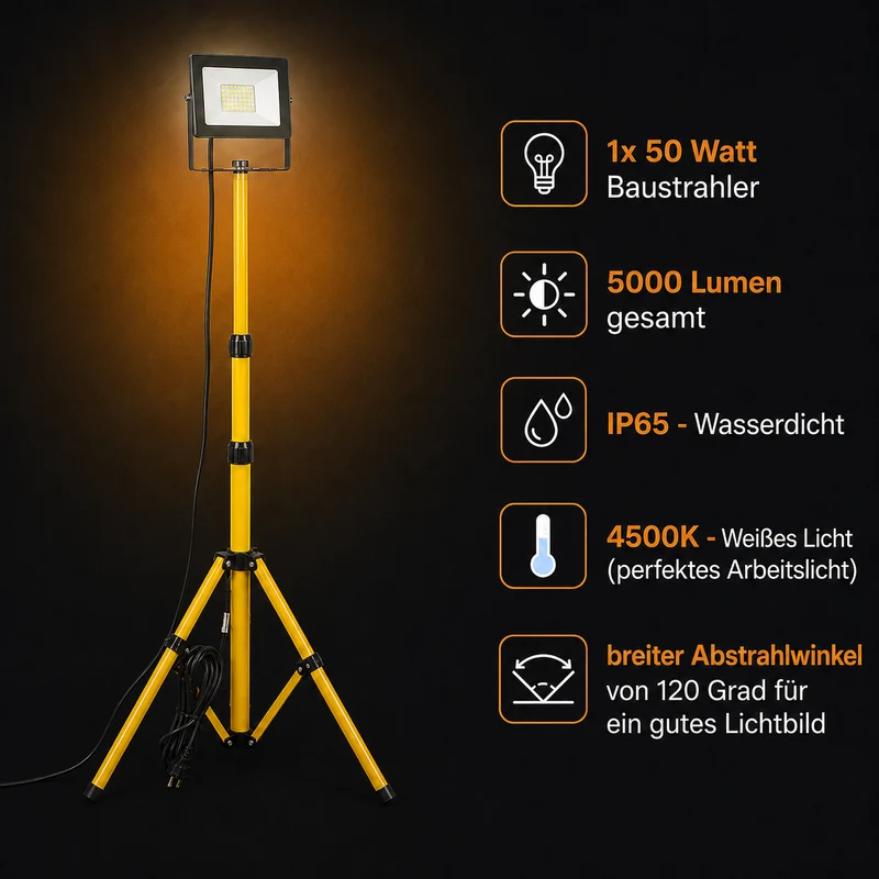 Einzelne LED-Bauleuchte 1x 50W auf Stativ | 4500K – Tageslichtweiß