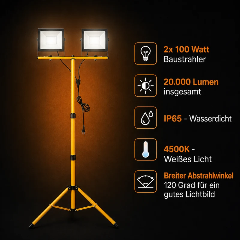 Doppelte LED-Baulampe 2x 100W auf Stativ | 4500K – Naturweiß