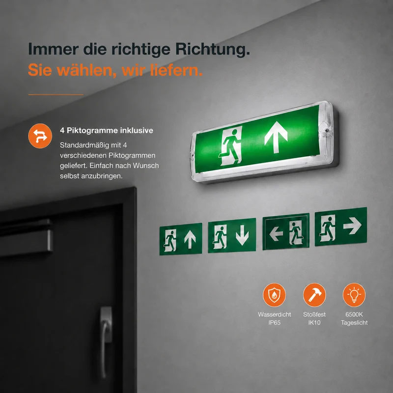 Notbeleuchtung | Weiß | 3 Watt | IP66 | inkl. 4x Symbole