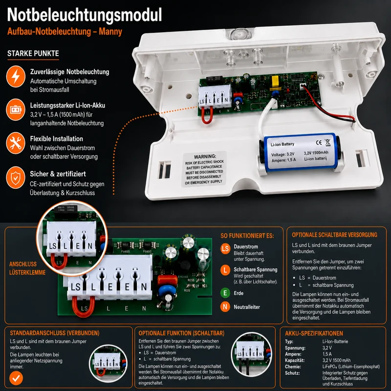 Notbeleuchtung | Weiß | 3 Watt | IP66 | inkl. 4x Symbole