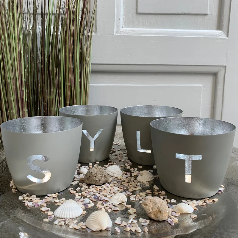 Windlicht im exklusiven Sylt Design 4er-Set hellgrau-silberfarben mittel