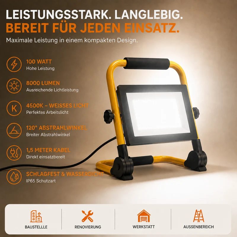 LED-Bauleuchte auf Gestell | Eco-Serie | 100 Watt | IP65 | 4500K – Tageslichtweiß
